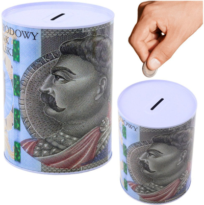 Arkë kursimi metalike Tadar Piggy Bank, 16x12cm, me figurë kartëmonedhe 500 PLN, shumëngjyrëshe
