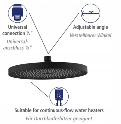 Kokë dushi WENKO Softwater, 26 cm, plastike ABS, e zezë mat