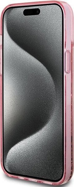 Futrollë Guess Liquid Glitter Gold Stripes për iPhone 15, Hardcase, rozë