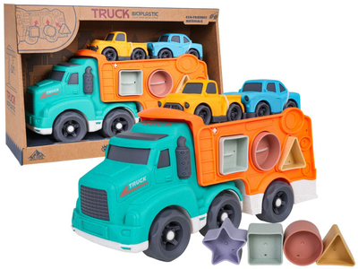 Lodër kamion edukativ bioplastik Andreu Toys Truck, me forma gjeometrike, me 2 makina të vogla, shumëngjyrësh