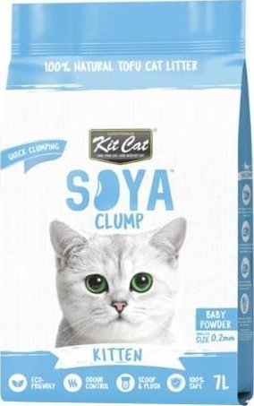 Rërë higjienike për mace Kit Cat Soya Clump Kitten, me erë baby powder, 7L, blu