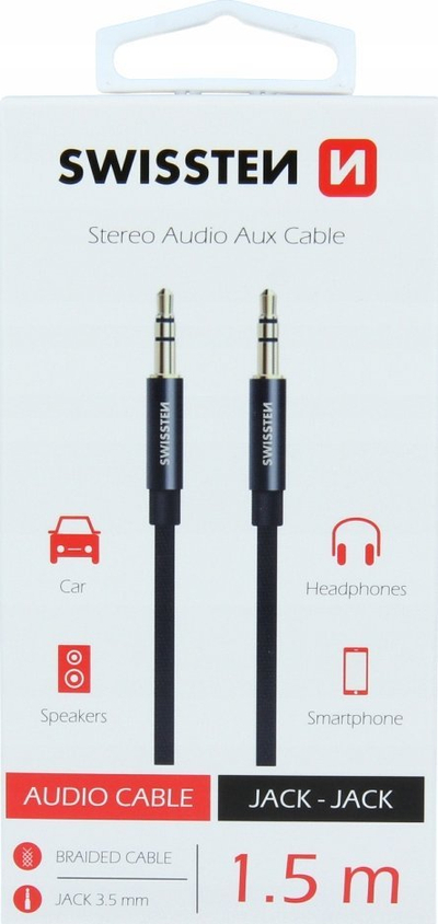 Kabllo audio ndihmës Swissten, jack 3.5mm, 1.5m, e zezë