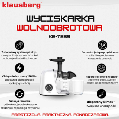 Shtrydhëse e ngadaltë Klausberg KB-7869, sistem spiral, motor i qetë, e bardhë