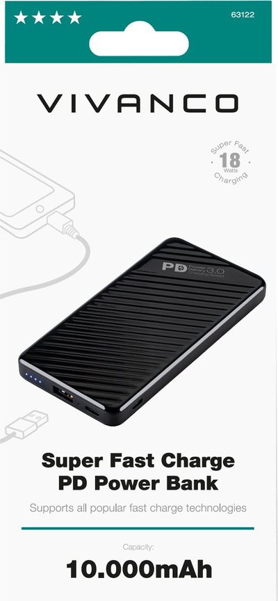 Power bank Vivanco Super Fast Charge PD, 10000mAh, 18W, i zi
