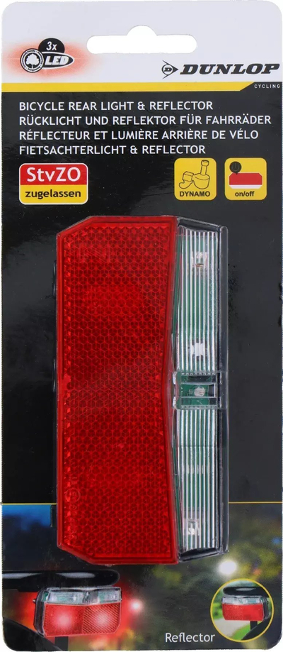 Dritë e pasme biçiklete Dunlop LED, me reflektor, për dinamo, e zezë