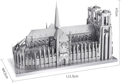 Puzzle 3D metalik Piececool Notre Dame Cathedral, model ndërtimi, ngjyrë argjendtë