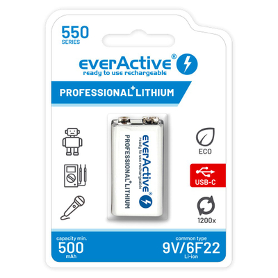 Bateri rikarikuese EverActive 550 Series, 9V 6F22 Li ion, 500mAh, e bardhë