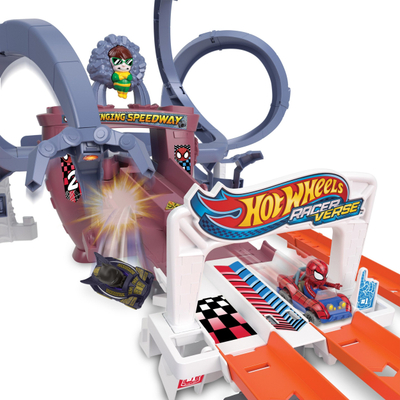 Pistë garash Hot Wheels RacerVerse Spider-Man Web-Slinging Speedway, set pistë me 2 makina
