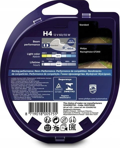 Llambë fenere Philips RacingVision GT200 H4, 60/55W, 12V, transparente