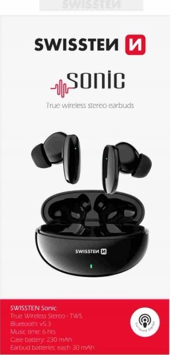 Kufje Bluetooth Swissten TWS Sonic, true wireless, me kuti kariku, të zeza