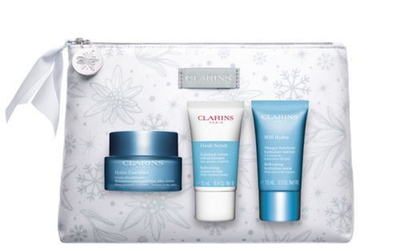 Set për lëkurë Clarins Hydra Essentiel - krem Hydra Essentiel 50 ml + sbrab-krem freskues 15 ml + maskë hidratuese SOS 15 ml + çantë kozmetike