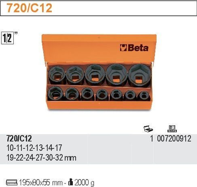 Set nasadkash goditëse Beta Tools 720-C12, 1/2", 12 copë, kuti metalike portokalli