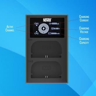 Karikues dykanalsh për kamera Newell FDL-USB-C, për bateri NP-FW50, me ekran LCD, i zi