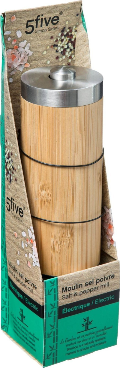 Mulli elektrik për kripë edhe piper 5five Simply Smart, 20.5 cm, bambu edhe inoks, ngjyrë natyrale