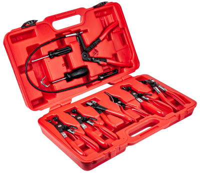 Set pinca për kapëse shiriti Geko G01655, 9 copë, me kabllo të gjatë, në kuti plastike të kuqe