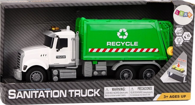 Lodër kamion plehrash LEAN Toys Garbage Truck, me drita edhe zhurma, me kosh plehrash, i bardhë me jeshile