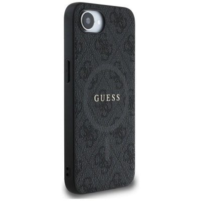 Футрола за телефон Guess 4G Ring Classic Logo MagSafe за iPhone 16e, еколошка кожа, црна