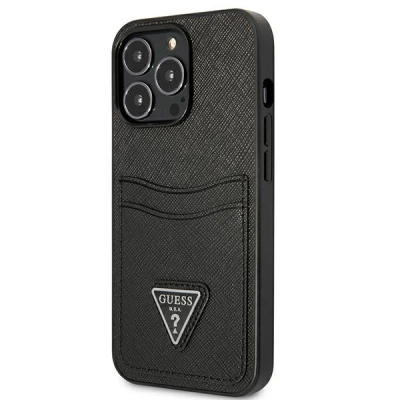 Çfutëse telefoni Guess GUHCP13LPSATPK për iPhone 13 Pro / 13 6.1", Saffiano, me xhep kartash, e zezë
