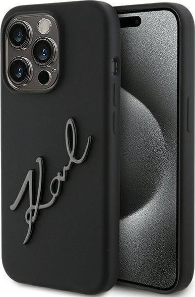 Kapak telefoni Karl Lagerfeld Karl Script, silikon, për iPhone 15 Pro Max, i zi
