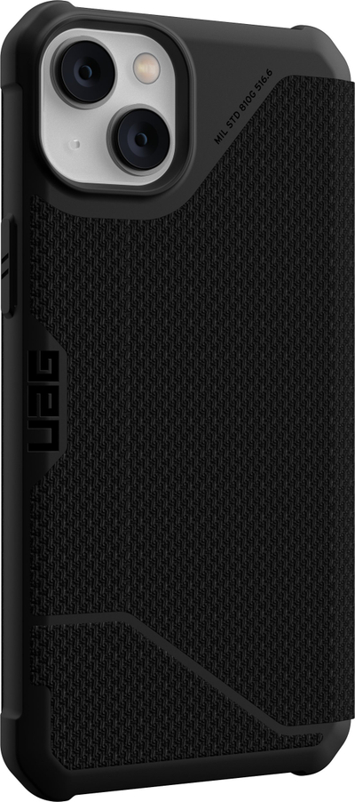 Kuti mbrojtëse me kapak Urban Armor Gear Metropolis për iPhone 14 Plus, kevlar, e zezë