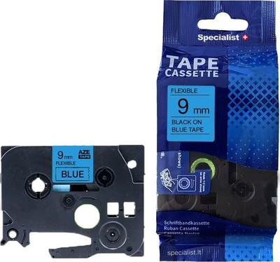 Shirit etiketimi Specialist+ Flexible, 9 mm, i zi në blu, që shkon me makinat Brother