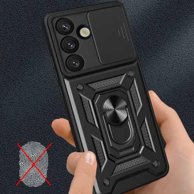 Maskë telefoni Armor Camshield për Samsung Galaxy M06 F06 5G, me unazë mbajtëse, kapak kamere, e zezë
