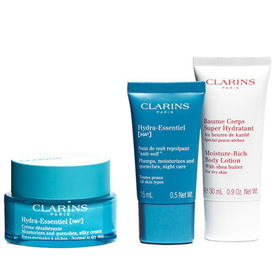 Set për femra Clarins Hydra Essential, krem dite 50 ml + krem nate 15 ml + losion trupi 30 ml + çantë kozmetike