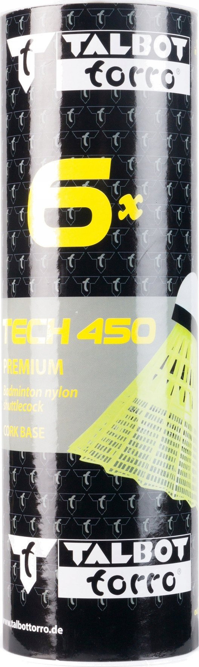 Flutura badminton Talbot Torro TT Shuttlecock Tech 450, najlon, shpejtësi mesatare, e verdhë, set 6 copë