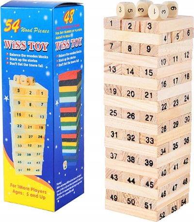Lojë tavoline Wiss Toy Wooden Tower, 54 kube druri, me zar, me ngjyrë druri