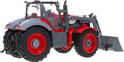 Lodër traktor me telekomandë, 1:28, me eskavator dhe rimorkio, i kuq jeshil