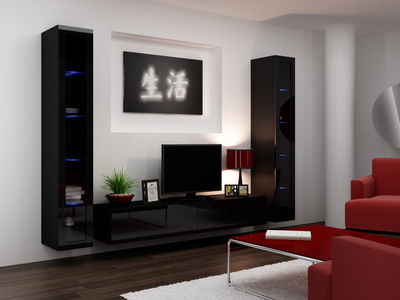 Kabinet TV Bed Meble Vigo 180, 180 cm, MDF dhe panel druri, i zi mat