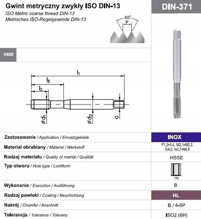 Çakmak fileti Karnasch Thread Tap M3 DIN 371B, HSSE, për inox