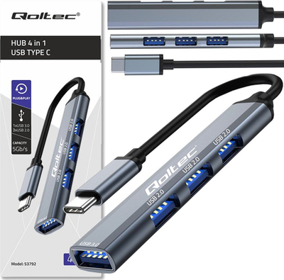 HUB USB Qoltec 4in1, USB C 3.1, 1x USB 3.0 3x USB 2.0, gri grafit