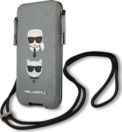 Çantë telefoni Karl Lagerfeld Karl &amp; Choupette Head, deri 6.7", lëkurë eko Saffiano, gri