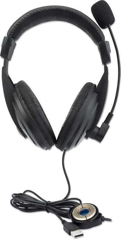 Kufje Manhattan Stereo USB, që rrinë mbi vesh, me mikrofon, lidhje USB-A, të zeza