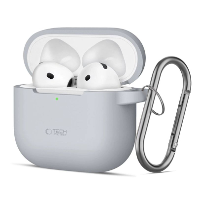 Kapak silikoni Tech-Protect për Apple AirPods 4, me karabinë, gri