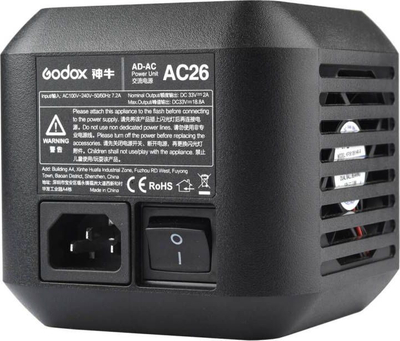 Adapter rryme Godox AC26 për AD600Pro, 100–240V, për blic studioje, i zi