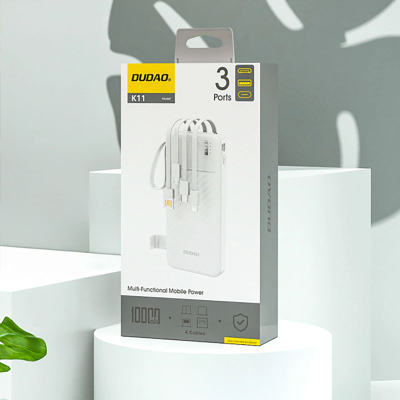 Power bank Dudao K11, 10000mAh, 10W, me kabllo të integrume, i bardhë