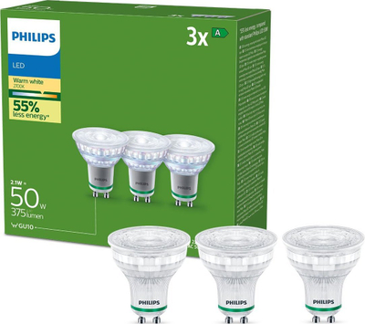 Llambë LED Philips Classic GU10, 2.1W 50W ekuivalente, 2700K, transparente