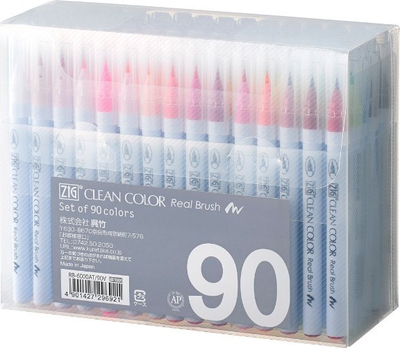 Set brush-pen ZIG Clean Color Real Brush, 90 copë, me bojë me bazë uji, shumëngjyrësh