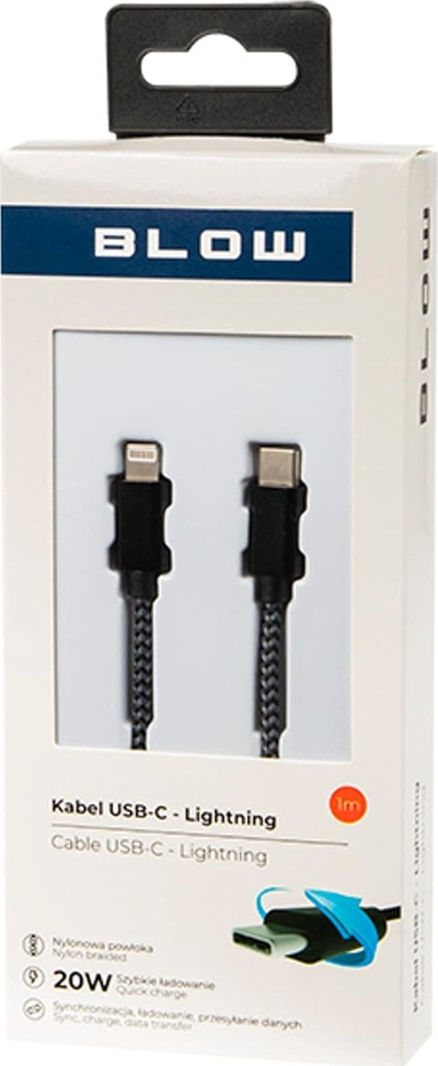 Kabllo USB-C në Lightning Blow, 1m, Power Delivery 20W, e zezë-gri