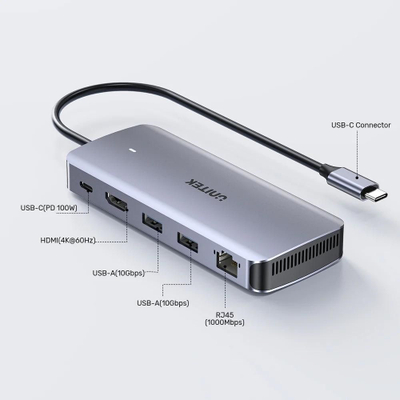 USB-C HUB Unitek 6 во 1, M.2 SSD куќиште, HDMI, PD 100W, сив