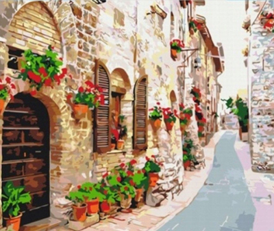 Set pikture me numra Norimpex “Romantic Alley in Flowers”, kanavacë 40x50cm, bojëra akrilike, shumëngjyrëshe