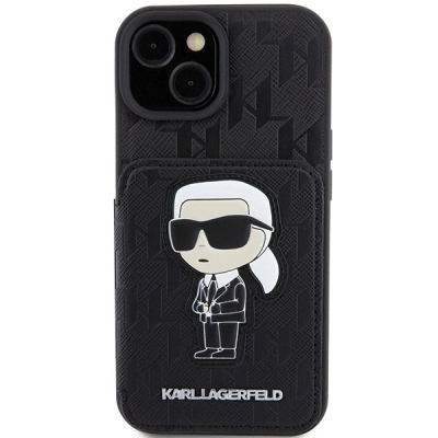 Këllëf telefoni Karl Lagerfeld KLHCP15SSAKKNSCK për iPhone 15 6.1", hardcase Saffiano, me xhep për karta, i zi