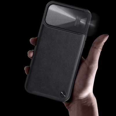 Mbulesë telefoni Nillkin CamShield Leather për iPhone 14 Pro, me kapak kamere, e zezë