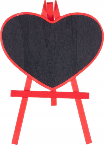 Tabla dekorative Pincello Place Card, formë zemre, me kavalet druri, e zezë e kuqe