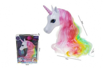 Lodër kokë unicorni për krehje, 20 cm, me krifë shumëngjyrëshe, e bardhë