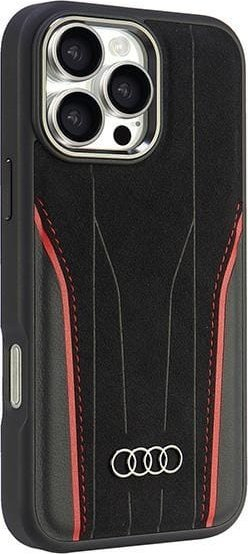 Kapak telefoni Audi Genuine Leather MagSafe për iPhone 16 Pro Max 6.9", lëkurë natyrale, i zi me të kuqe