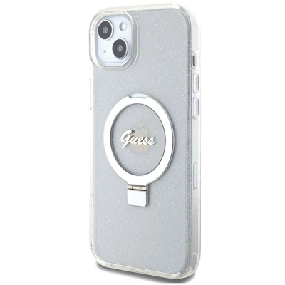 Kllëf telefoni Guess GUHMP15MHRSGSD për iPhone 15 Plus, me unazë Ring Stand, MagSafe, transparent me shkëlqim