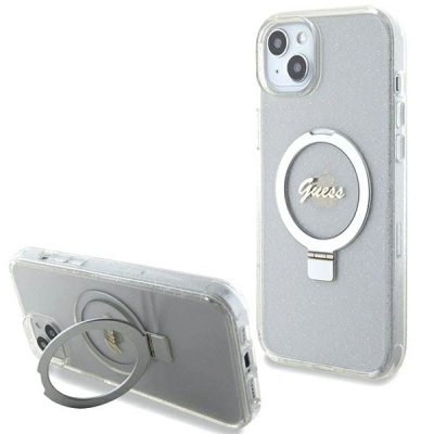 Kllëf telefoni Guess GUHMP15MHRSGSD për iPhone 15 Plus, me unazë Ring Stand, MagSafe, transparent me shkëlqim